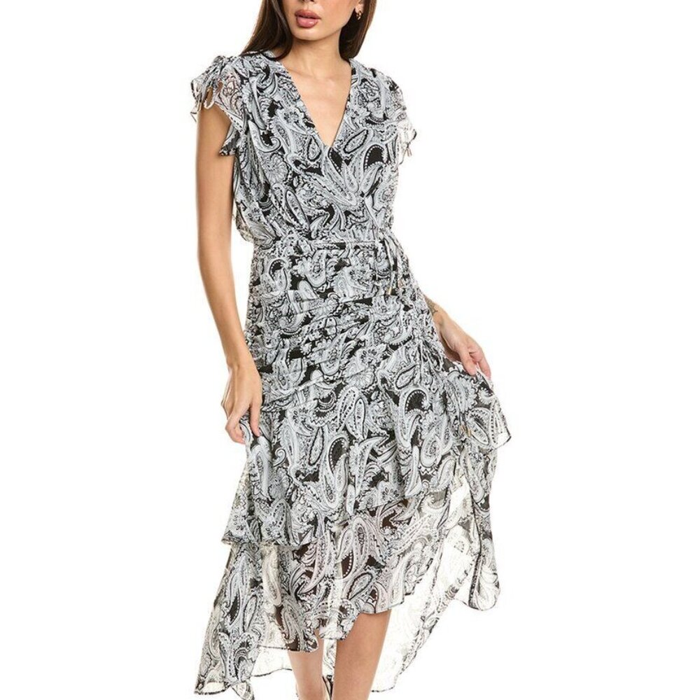 New Tahari Asl Ruched V-Neck Flowy Paisley Midi Dress  P5750